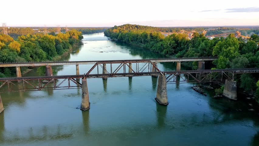 Railroad Bridges over the Congaree River South of Columbia South Carolina - Drone Clip