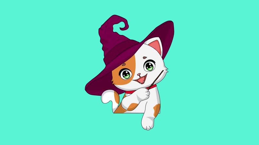 Witch Cat Animation Kitten With Magic Wand Kawaii Halloween Cartoon Video 4K Footage