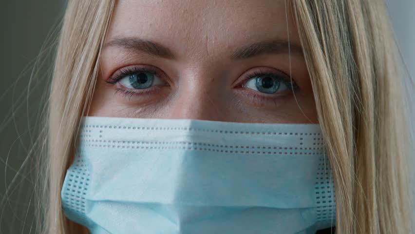 Portrait Caucasian business woman in medical protective face mask looking at camera with businesswoman headshot female girl protection coronavirus covid pandemic ill sick lady doctor surgery nurse
