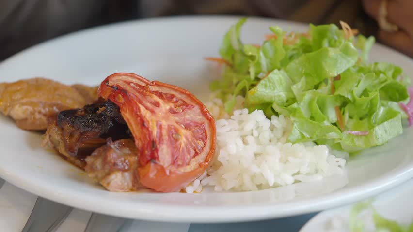Tasty meal with grilled chicken, rice, tomatoes, and fresh salad