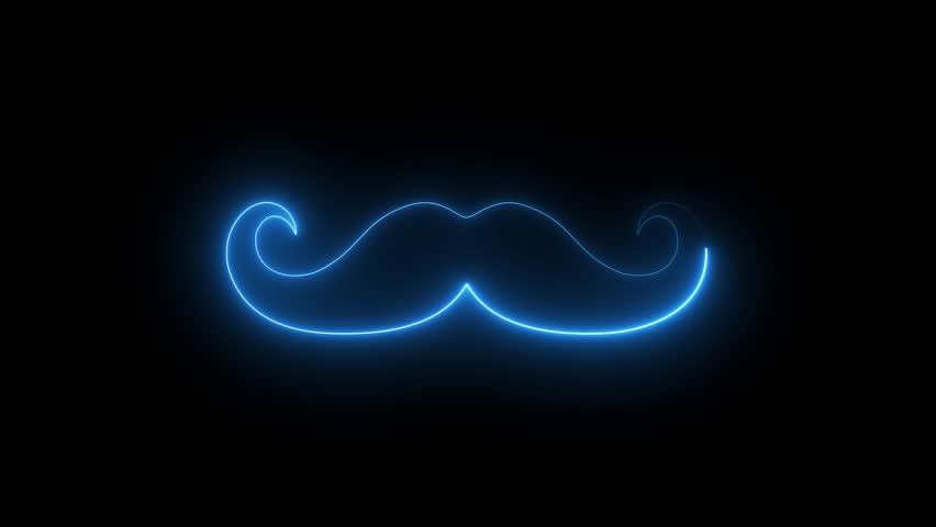 Neon royal mustache icon animation on black background, glowing facial hair symbol, elegant style and fashion concept, luxury barber logo, vintage grooming and masculine design element