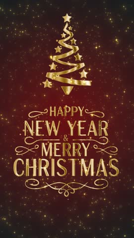 Vertical gold poster with holiday greeting "Happy New Year Merry Christmas" and a stylized ribbon tree with stars, perfect for festive banners and story covers