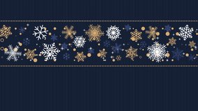 Horizontal banner with white, gold, and blue snowflakes framed by dotted gold lines on striped background. Loop animation. Copy space. Vertical video. - Powered by Shutterstock - Get 15% off with code: PIKWIZARD15