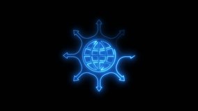 Neon glowing globe with multiple direction arrows on black background, global network expansion, worldwide connection, international business growth, communication and distribution concept - Powered by Shutterstock - Get 15% off with code: PIKWIZARD15
