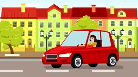 Animated illustration of a red car driving down a street in front of a large school building. Represents education, drop-off, and travel. - Powered by Shutterstock - Get 15% off with code: PIKWIZARD15