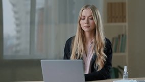Caucasian business woman in office sanitizing hands with sanitizer spraying around put on medical mask businesswoman female girl scary with pandemic coronavirus epidemic in company funny medicine - Powered by Shutterstock - Get 15% off with code: PIKWIZARD15