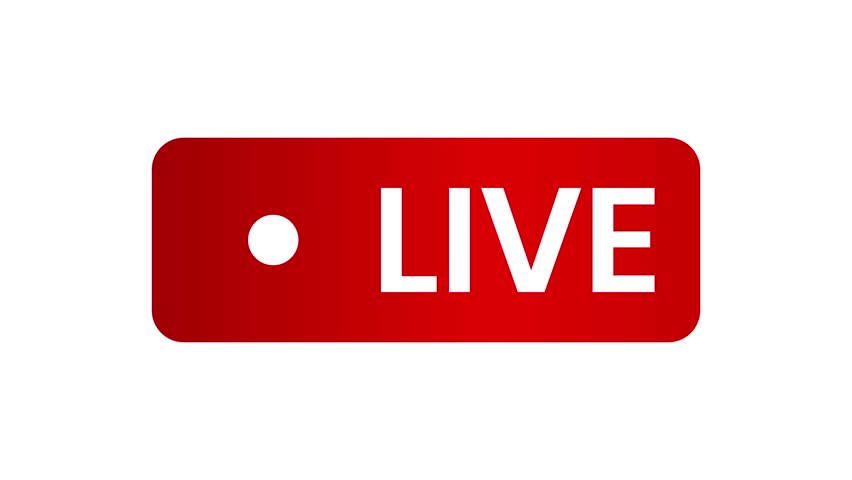 An animated red live button designed for 4K live stream overlays on a clean white background