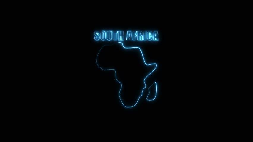 South Africa map outline with glowing blue neon text on black background country