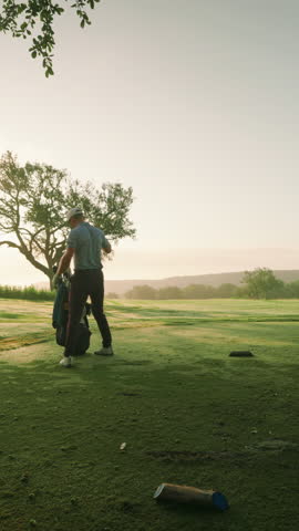 Vertical clip of a male golfer sliding his club back into the bag on the tee box, lifting the bag, and walking out of frame toward the next hole on a quiet morning fairway at sunrise