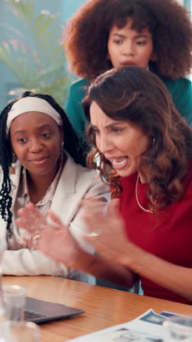 Woman, celebration and applause at startup on laptop, office meeting or success for team at media company. Person, group and excited with achievement, goal or smile with high five at creative agency