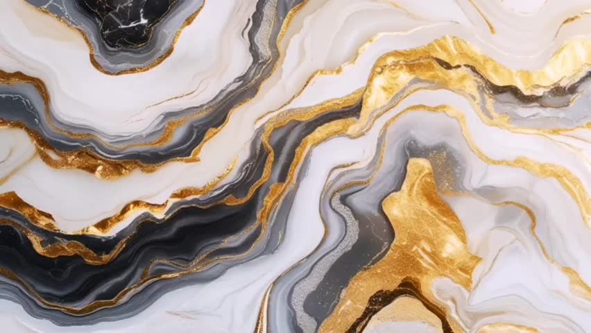 A luxurious, flowing abstract texture, resembling a liquid marble or geode pattern. The primary colors are pure white, shimmering metallic gold, and contrasting strokes of black or dark gray.