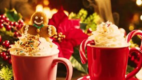 Cozy Christmas hot chocolate topped with whipped cream, candy canes, sprinkles, and gingerbread cookies. Warm festive drink perfect for winter holidays, celebrations, and seasonal food scenes. - Powered by Shutterstock - Get 15% off with code: PIKWIZARD15