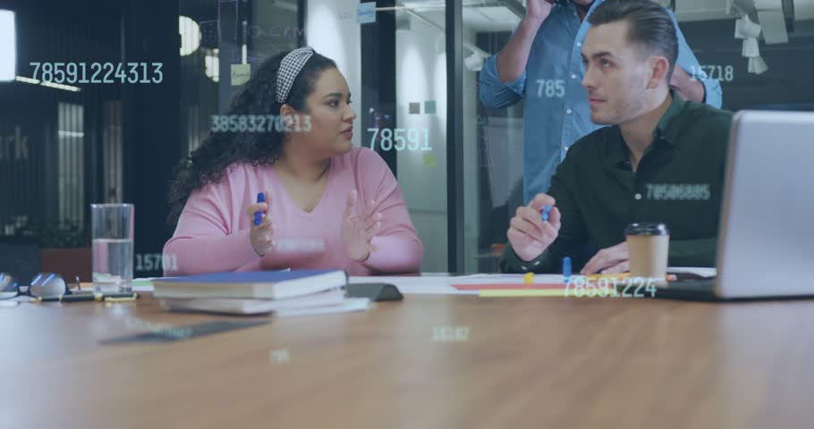 Woman making point, man reviewing papers in business, standing man lowering phone, data on glass. Meeting, conference, collaboration, teamwork, office, overlays, notes