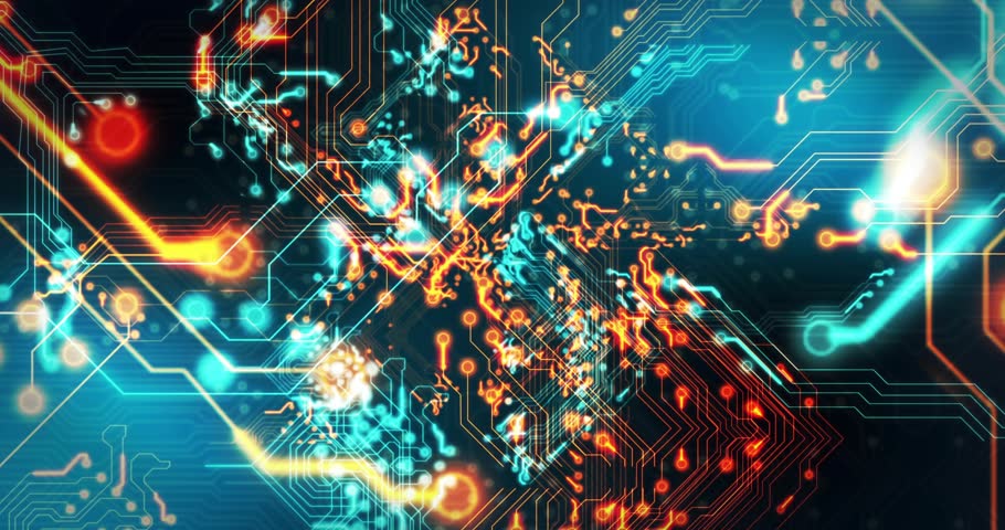 Circuitry visualization pulsing from peripheral sparks, camera dollying revealing HUD telemetry. Circuits, nodes, networks, wireframe, glow, depth, parallax