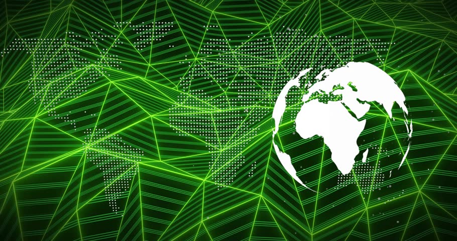 On play white globe rotating and drifting right while neon green mesh pulsing to convey network. Earth, wireframe, parallax, dotted, world, triangular, geometry