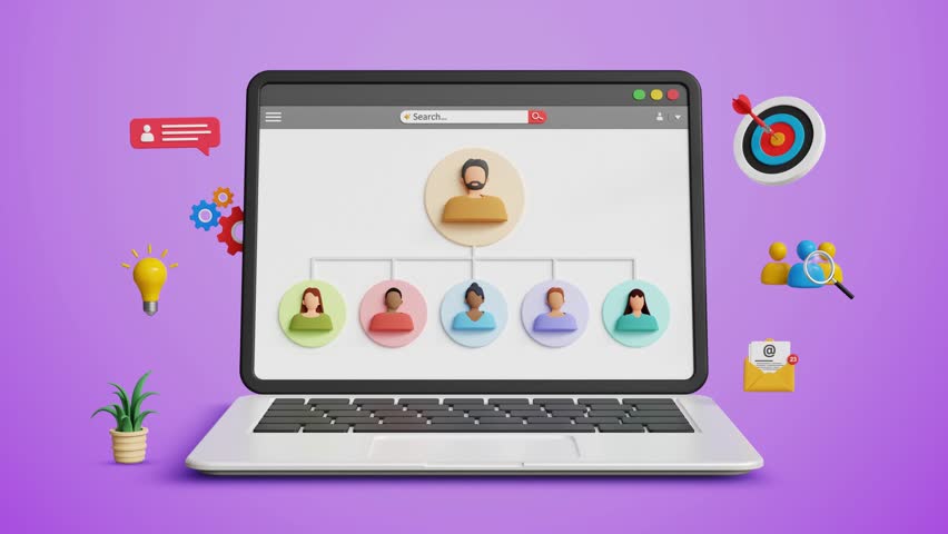 Human Resource Management or HRM, Senior Executive, Team Recruitment, Leadership, Teamwork, Supervision or Role Definition. Professional Work with Employees on Laptop. 4k 3D Video Animation