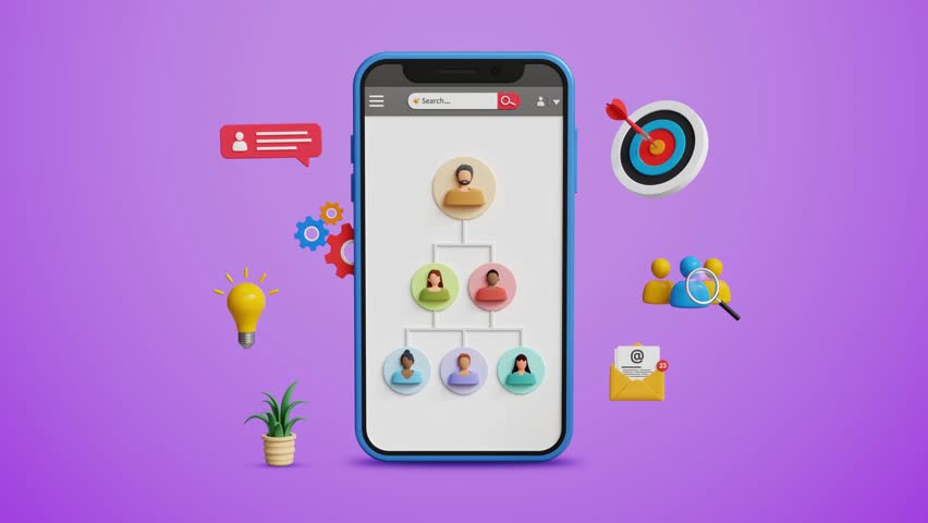 Human Resource Management or HRM, Senior Executive, Team Recruitment, Leadership, Teamwork, Supervision or Role Definition. Professional Work with Employees on Mobile. 4k 3D Video Animation