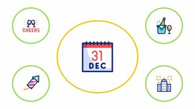 Festive icons depict New Year's Eve celebration: calendar, cheers, champagne, firework, city, confetti. - Powered by Shutterstock - Get 15% off with code: PIKWIZARD15