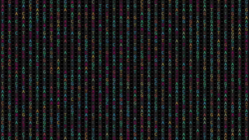 Abstract animated DNA base science background with changing A, G, C, T letters (adenine, guanine, cytosine, thymine), perfect for biotech, science, technology, and research themes