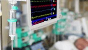 Hospital scene showing a patient receiving IV drip with vital signs monitored on a screen, highlighting healthcare and medical treatment. - Powered by Shutterstock - Get 15% off with code: PIKWIZARD15