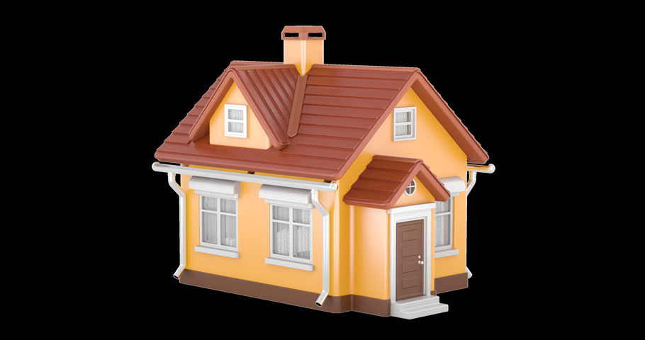 Family house, orange cottage rotation animation seamlessly loopable. 3D rendering isolated on transparent background