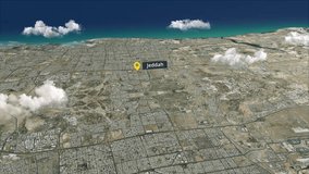 A detailed 3D satellite map of Jeddah showing the city coastline with smooth cloud animation, perfect for travel, documentaries, news, data visualization, and geographic presentations. - Powered by Shutterstock - Get 15% off with code: PIKWIZARD15