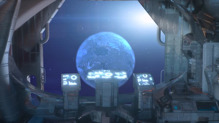 Spaceship Cockpit Interior with View of Earth and Stars Through Window - Sci-Fi Space Travel  Seamless Loop