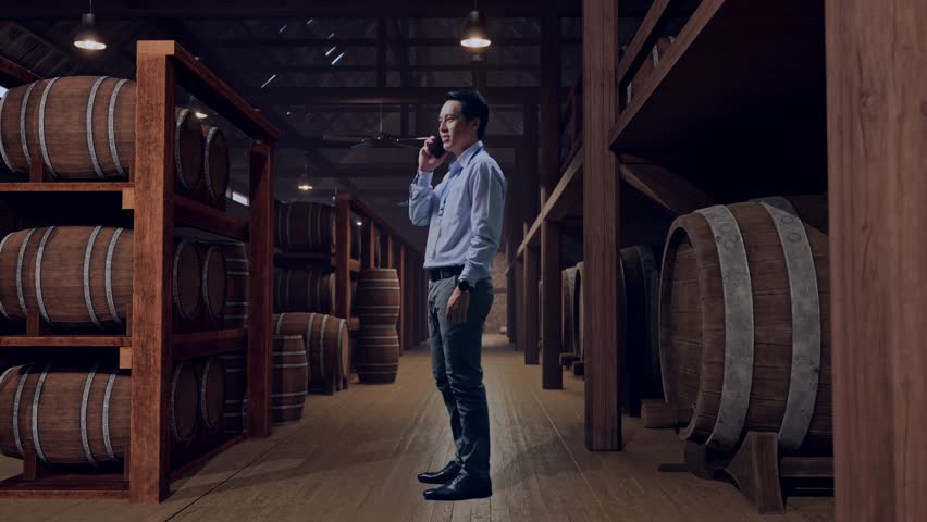 Full Body Side View Of An Asian Male Professional Worker Standing In Cellar Of Winery, He Is Speaking With Someone In The Phone And Moving His Left Hand