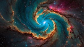 A stunning and vibrant cosmic spiral nebula, dominated by swirls of glowing gas and dust in a rich palette of colors. The core of this vortex emits a bright blue glow, surrounded by thick - Powered by Shutterstock - Get 15% off with code: PIKWIZARD15