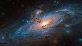 A stunning cosmic view of a magnificent, rotating spiral galaxy, likely the result of deep telescope observation. The galaxy's center glows with a brilliant yellow-orange light - Powered by Shutterstock - Get 15% off with code: PIKWIZARD15