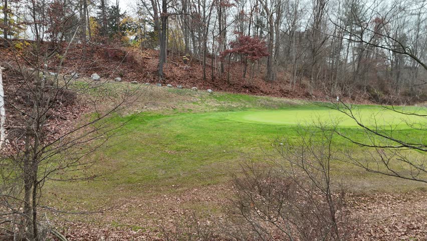 11-21-2025. Southbury, Connecticut. Aerial view of a golf course, with green fairways, scenic landscape, and peaceful outdoor atmosphere.