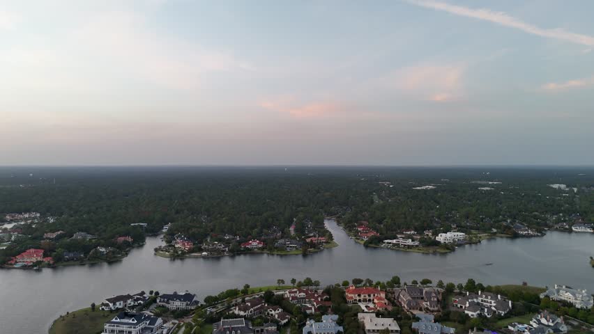 Aerial view of luxurious houses neighborhood with large mansions in Woodlands, Texas, Houston, USA
