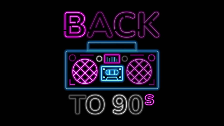 Animation of a neon sign reading back to the 90s. Back to the 90s neon boombox evokes nostalgia with retro glow suitable for 90s-themed designs, music events. Back to the 90s loop animation.