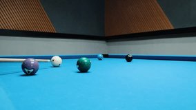 A cinematic close-up footage showing billiard balls rolling smoothly on a green pool table. The scene captures the precision and focus of the game, featuring the cue ball. - Powered by Shutterstock - Get 15% off with code: PIKWIZARD15