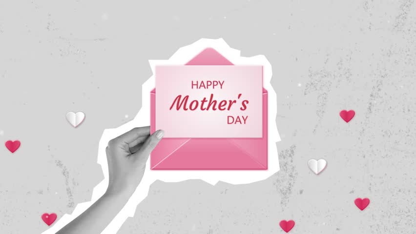 opening pink envelope with white paper and red hearts animation for Mother’s Day, Collage art.