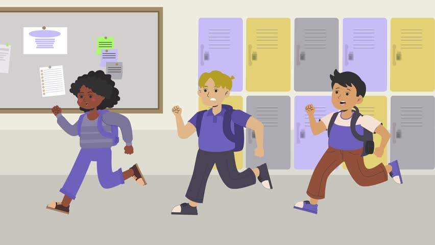 School Kids Running in Hallway with Lockers and Bulletin Board Back to School Flat Style 2D Animation