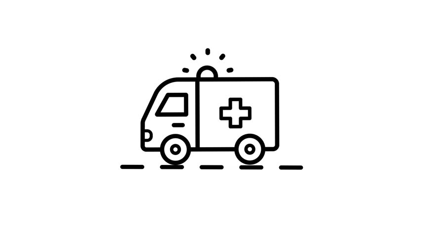 White outline ambulance icon with road dashes on a white background emergency medical