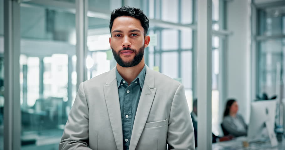 Businessman, arms crossed and face in office with confidence, ambition and smile for finance career. Professional, portrait and consultant with job satisfaction, management or entrepreneur in startup