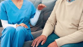 Support, caregiver or old man on sofa with hand holding, elderly care or empathy in rehabilitation. Healthcare, consultation or nurse in home with comfort, medical service or compassion in retirement - Powered by Shutterstock - Get 15% off with code: PIKWIZARD15