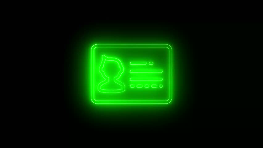 A vibrant green neon-style ID card icon glows against a stark black backdrop, creating a striking visual contrast.