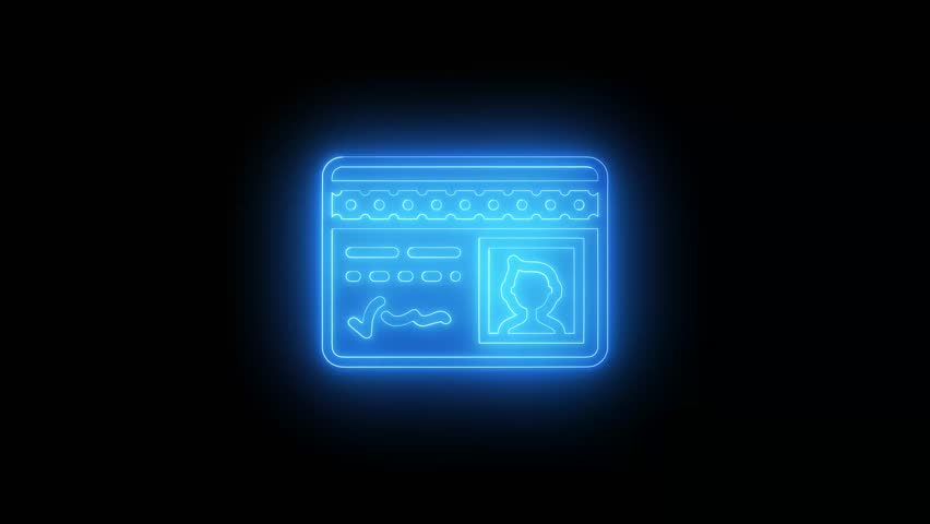 A neon blue ID card icon glows against a stark black backdrop, highlighting its features. The design is simple yet eye-catching.