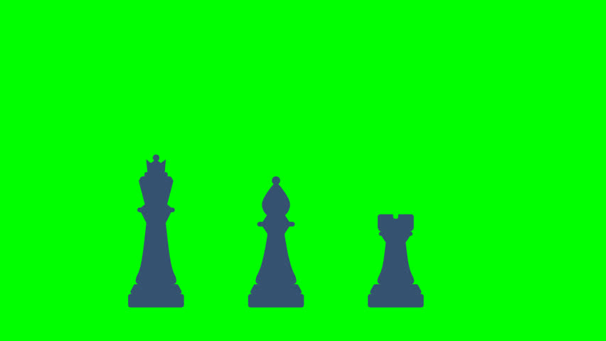 Chess pieces. Chess pieces, one after another, fall from above. King, queen, bishop, pawn, knight, knight, rook. Icon set. Board game. Outline set of chess icons. 2D flat animation. Alpha channel