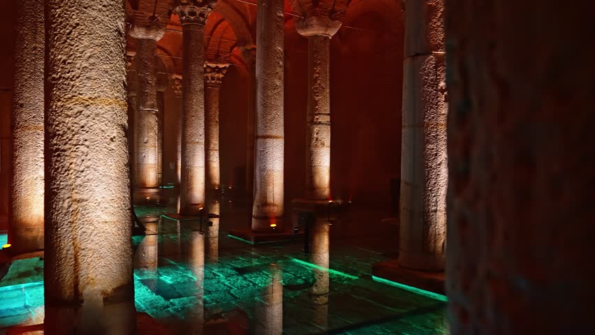 The Basilica Cistern, known as Yerebatan Sarnıcı, features ancient columns, soft lighting and calm reflections that create a mystical underground scene in Istanbul.