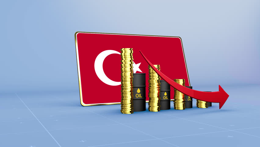Turkey Flag Economy Declining with Falling Oil Prices and Downward Trending Arrow