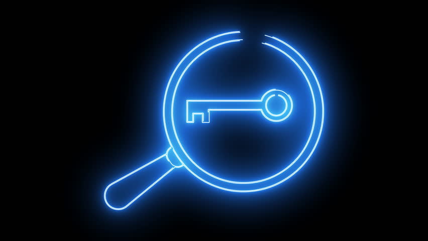 Blue neon outline of a magnifying glass with a key inside set against a solid black backdrop