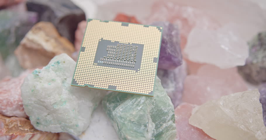 Close-up of a CPU microprocessor chip placed on rare-earth mineral stones, symbolizing the US-China semiconductor tech rivalry, AI chip export controls, and strategic resource dependency.