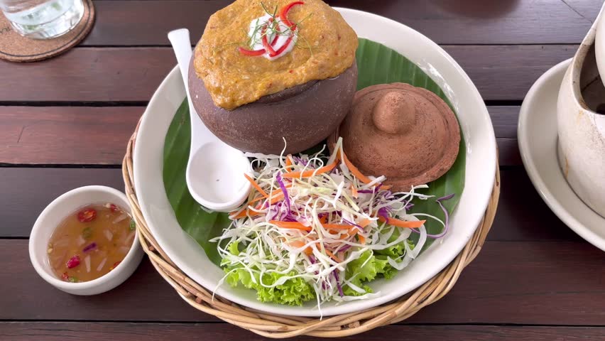 Thai food, food that shows Asian culture, sour curry, steamed fish curry