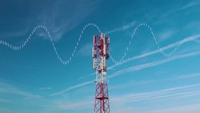 A high-tech telecom tower with antennas and a satellite dish transmitting 5G and 4G cellular signals. Frequency sinusoid waves and binary code (1s and 0s) illustrate data transfer, digital communicati - Powered by Shutterstock - Get 15% off with code: PIKWIZARD15