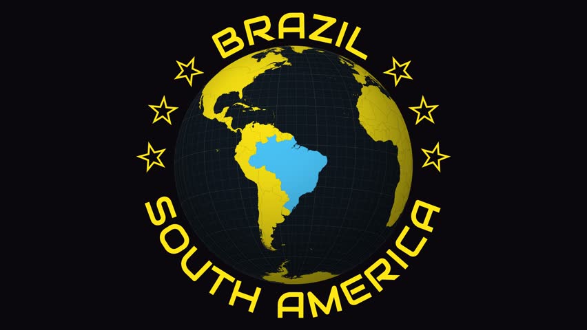 Animated zoom into Brazil on a globe with a charcoal and bright yellow color palette. Features a map with meridians and parallels.
