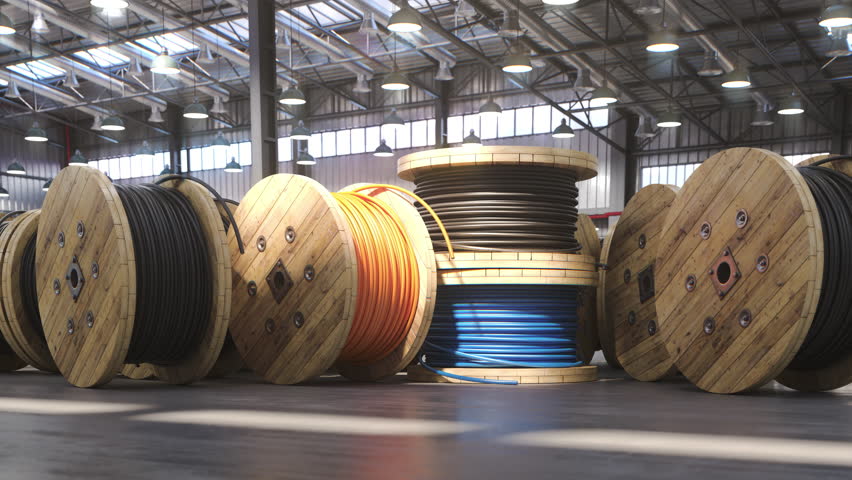 Fiber optic internet cable spools and coils in a warehouse of cable factory, 3d video animation